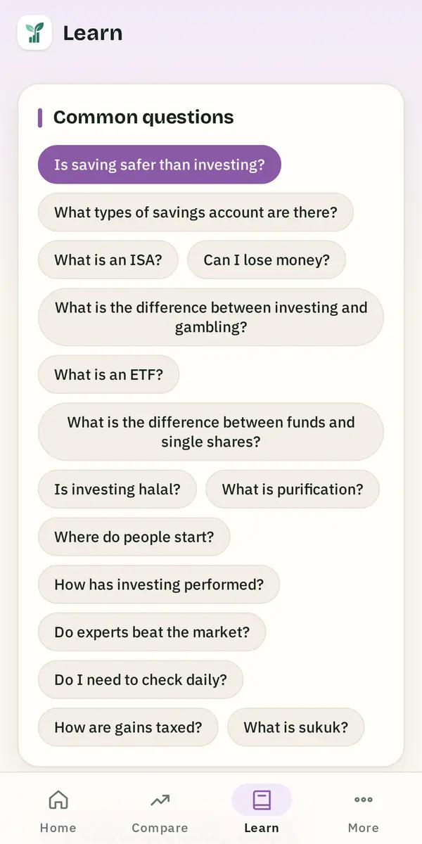 The Learn tab with a list of beginner questions about saving and investing.